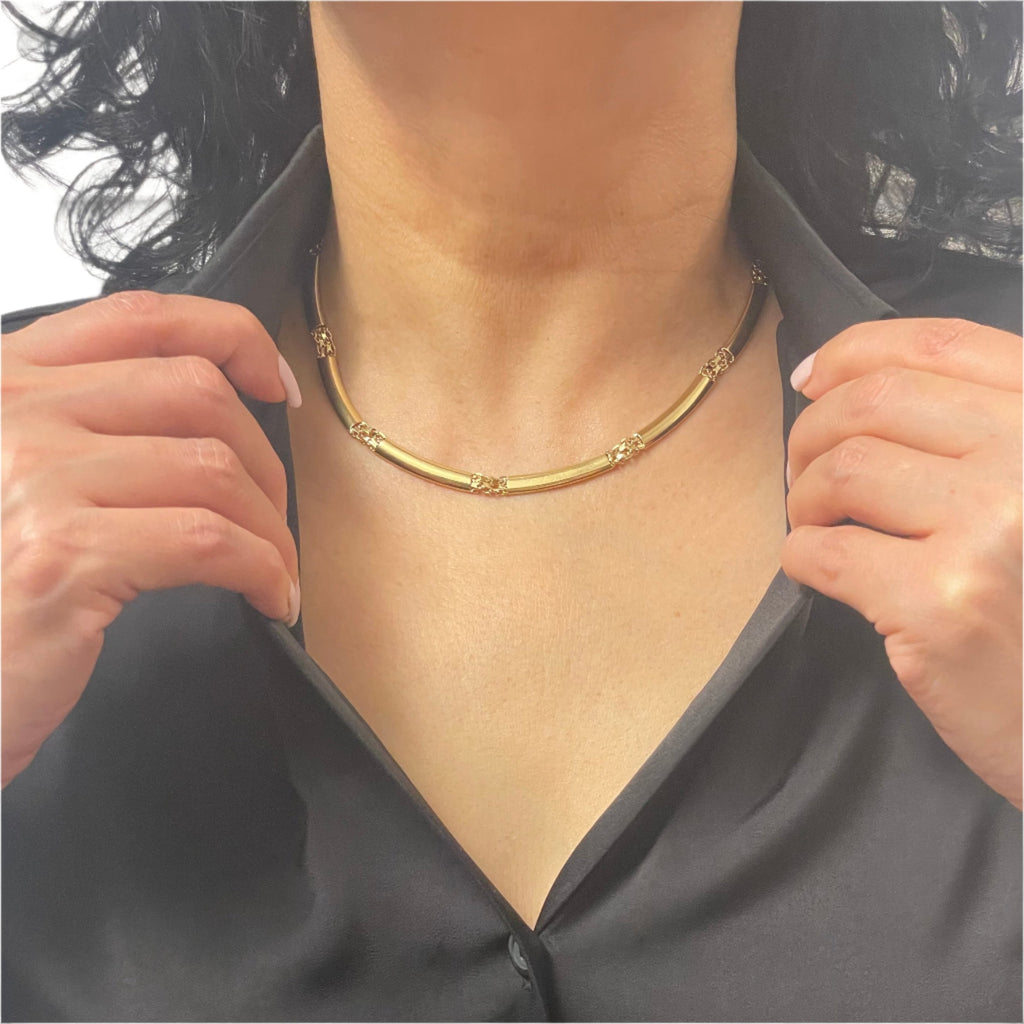 Vintage 18k yellow gold fancy link necklace. Its design and timeless allure offer a stylish accent to any ensemble.