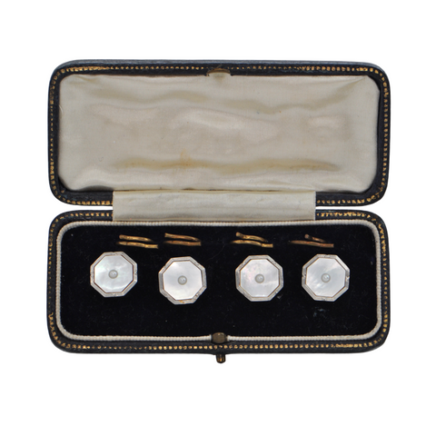 Antique Mother Pearl and Pearl 18k Gold and Platinum Button Set of 4 + Montreal Estate Jewelers