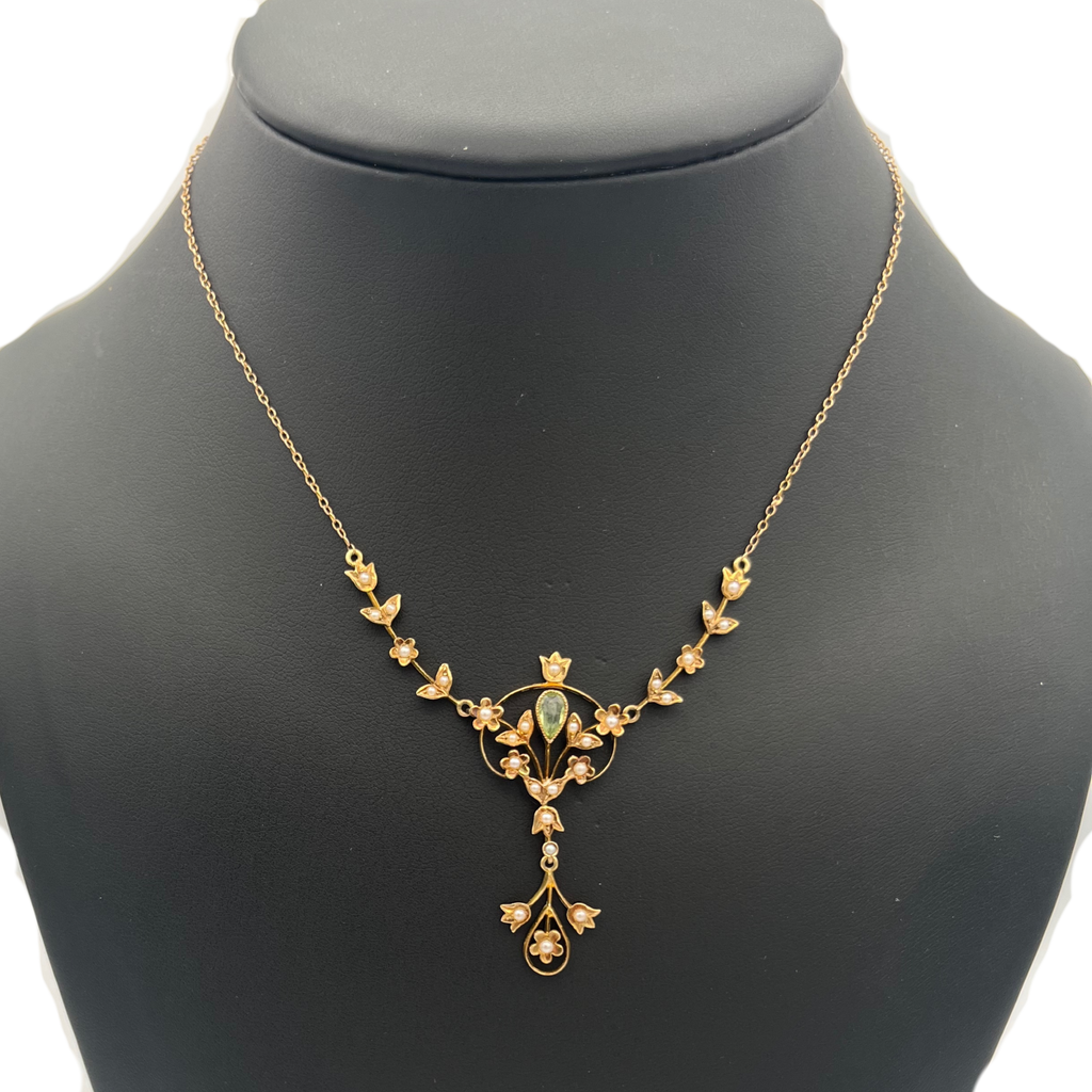Antique Edwardian 14k yellow gold Peridot and Seed Pearl Lavalier - 1