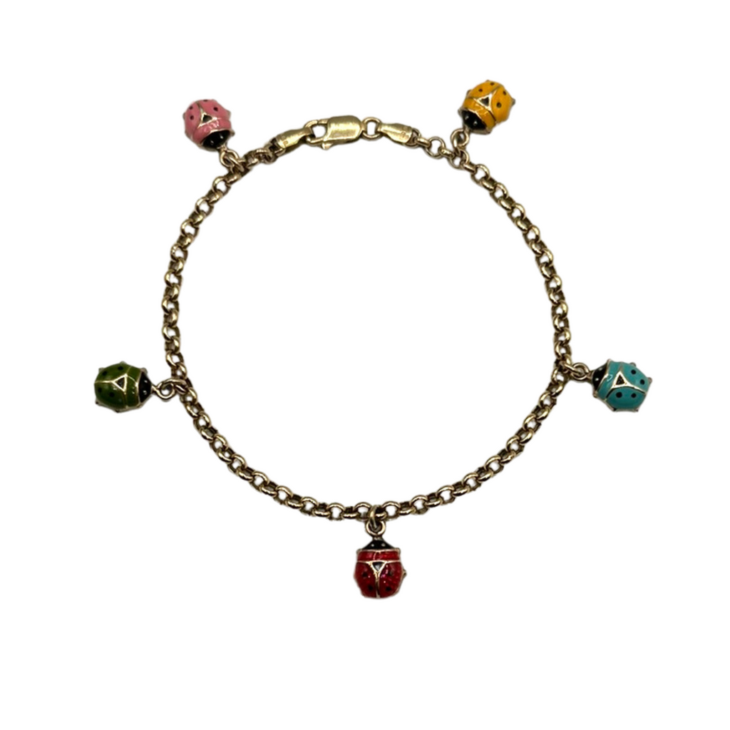 Vintage Italian 10k Gold Rolo Link Bracelet with Enamel Lady Bug Charms + Montreal Estate Jewelers 