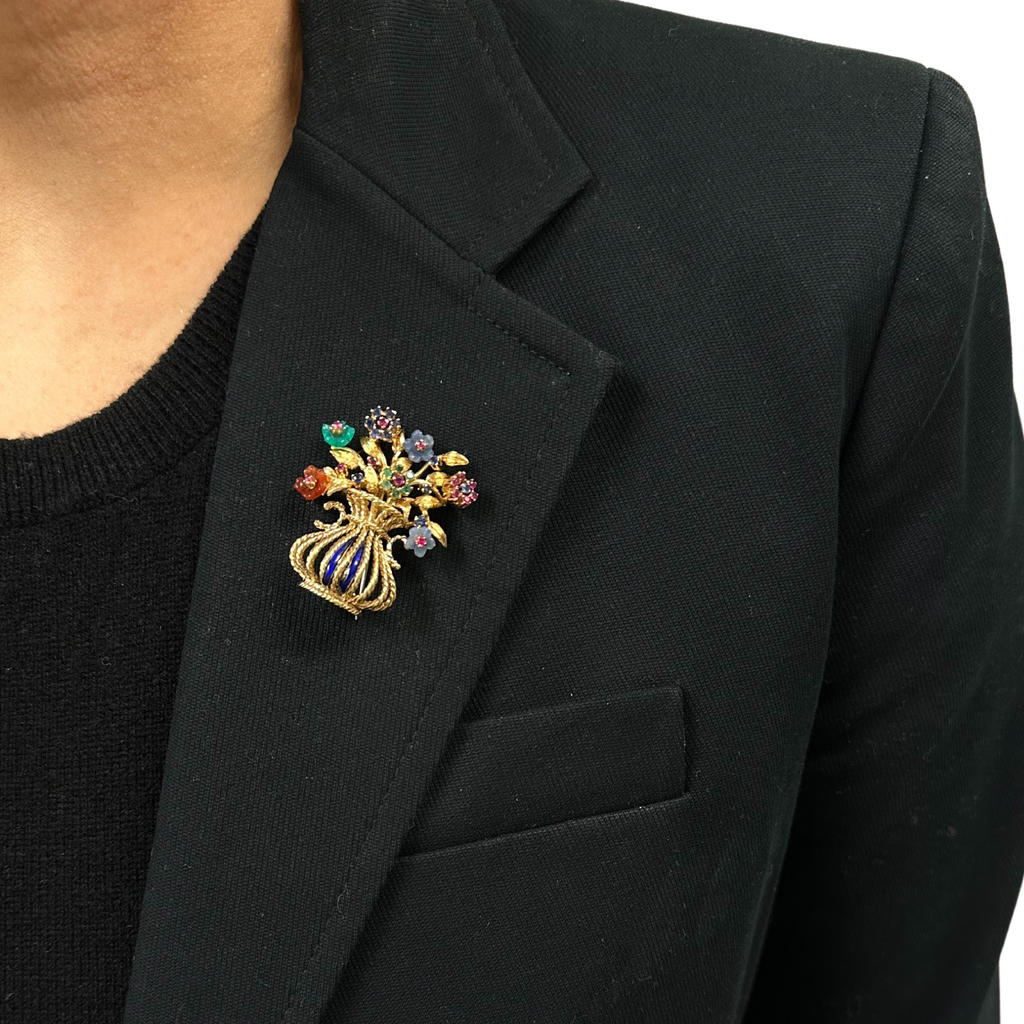 Retro Italian Multi Gem Gardinetto (Flower Basket) 18K Gold Brooch + Montreal Estate Jewelers 