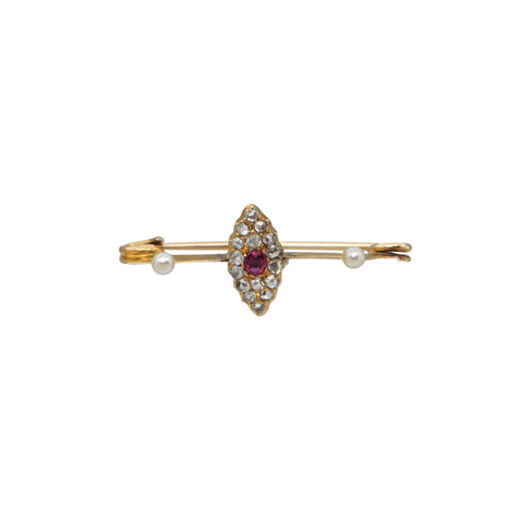 Antique Ruby, Diamond and Pearl 14k Gold Bar Pin + Montreal Estate Jewelers