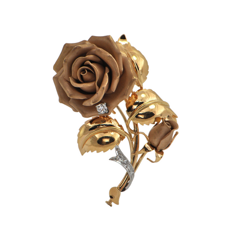 Mid-Century 18K Gold Diamond Rose Brooch + Montreal Estate Jewelers