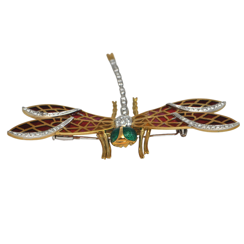 Vintage Italian Diamond and Enamel 18k Gold Dragonfly Brooch + Montreal Estate Jewelers