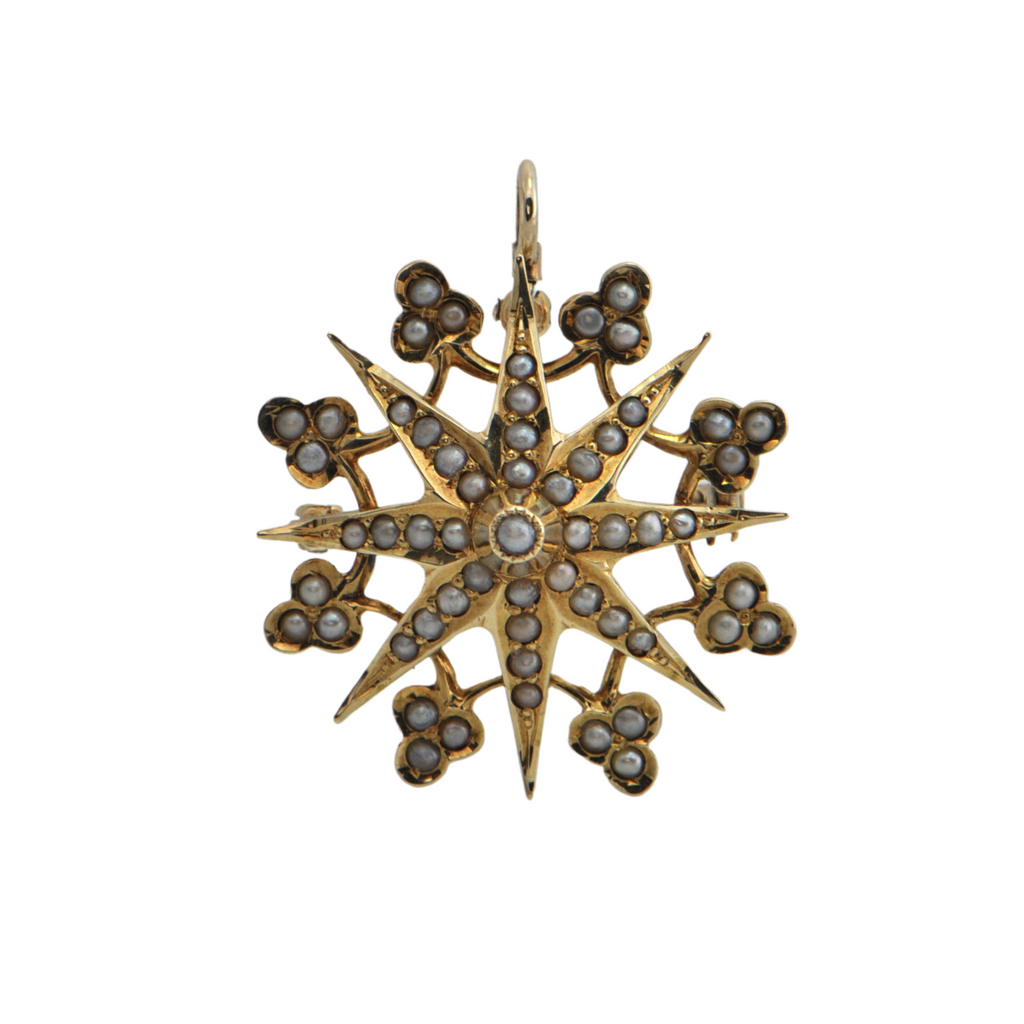 Antique Victorian Seed Pearl 14k Gold Starburst Brooch/Pendant + Montreal Estate Jewelers