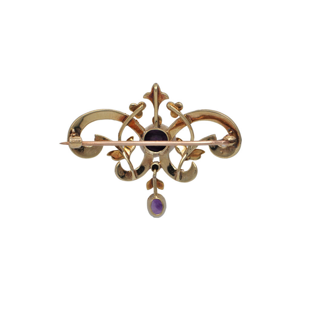 Edwardian English Amethyst and Seed Pearl 15K Gold Brooch + Montreal Estate Jewelers