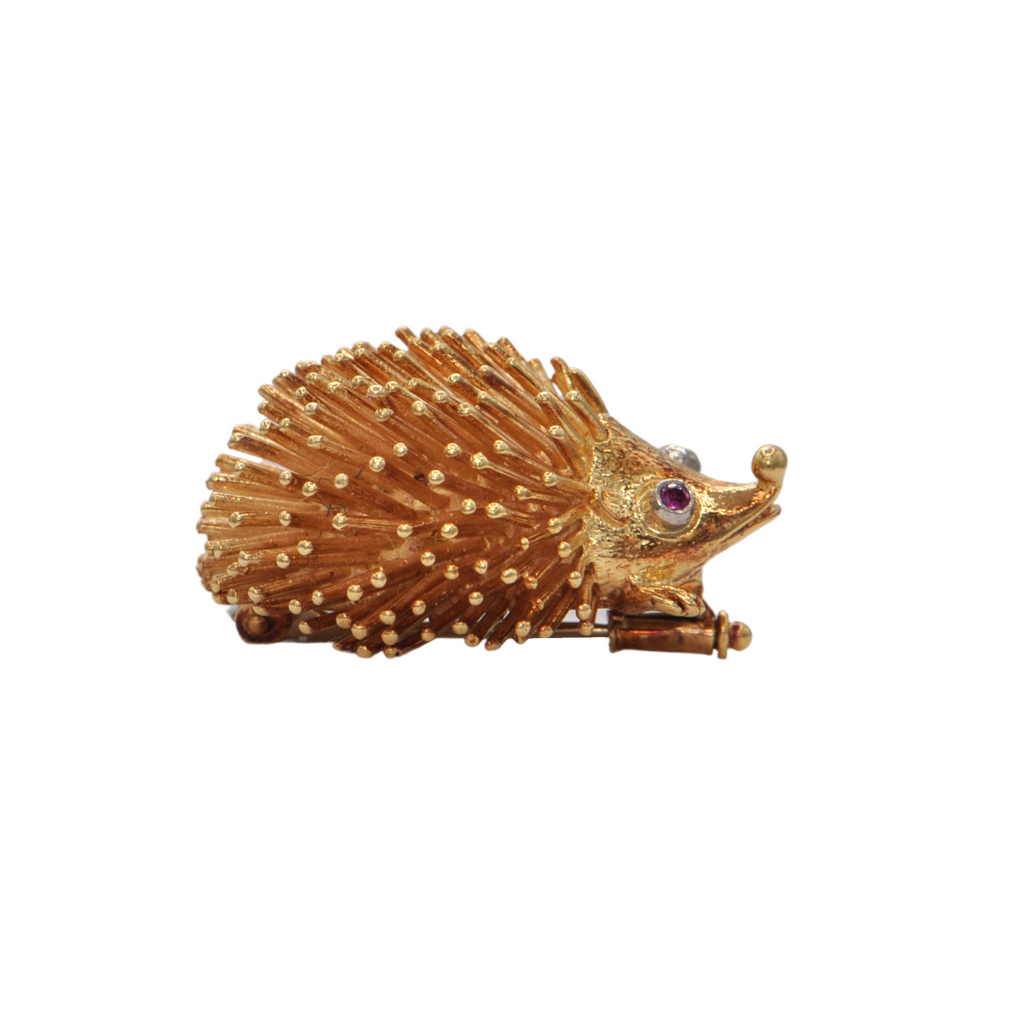 Vintage Charming 18k Gold Hedgehog Brooch + Montreal Estate Jewelers