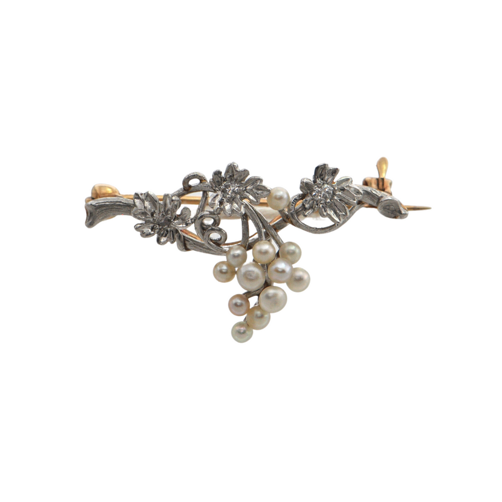 Antique Pearl and Diamond 14K Gold Grapevine Brooch "Henry Kohn & Sons" circa 1900. + Montreal Estate jewelers