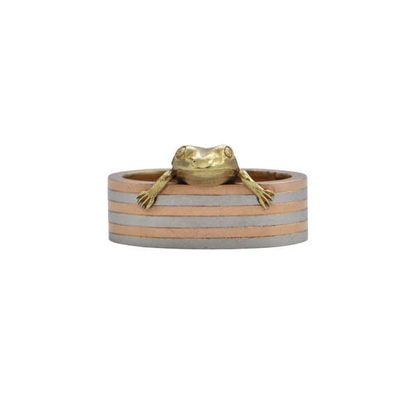 Retro 18K Rose and White Gold Pearl Shortener with 18K Yellow Gold Frog + Montreal Estate Jewelers