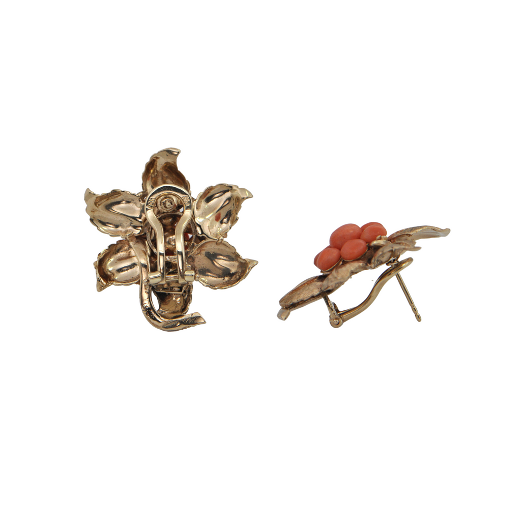 Mid-Century Coral 14k Gold Flower Earrings + Montreal Estate Jewelers