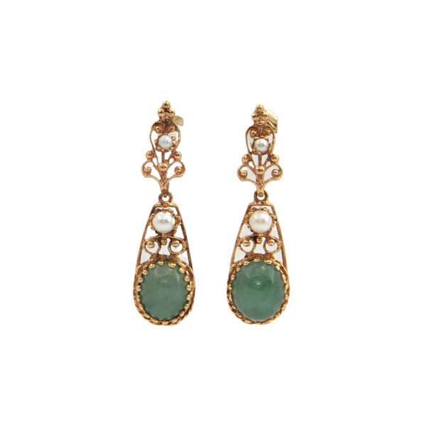 Vintage Pearl and Jade 14k Gold Drop Earrings + Montreal Estate Jewelers