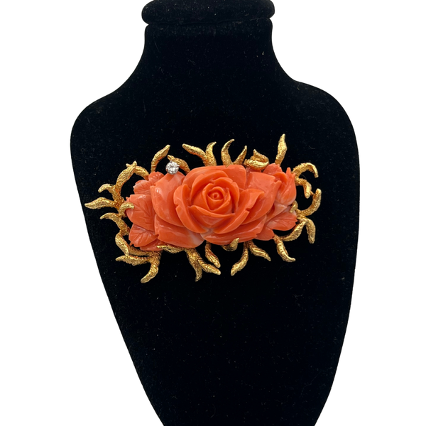 Estate Coral and Diamond Rose Brooch in 18k gold Circa 1950 - daisy exclusive jewellers