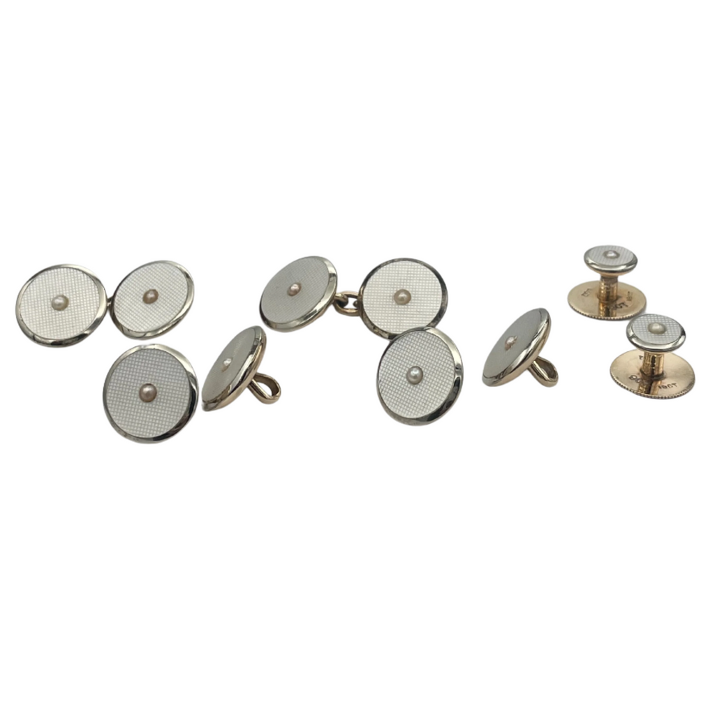 Antique Harrods London gentlemen's&nbsp;seed pearl 9k/18k gold shirt button and cufflink set. This exceptional set comes in it's original Harrods presentation box.