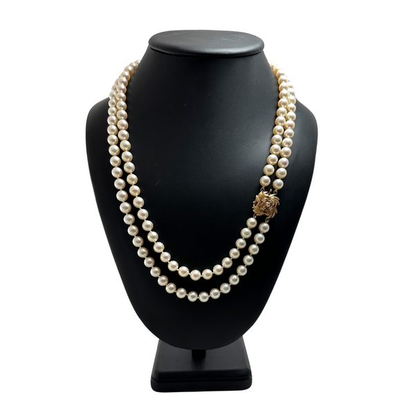 Estate Retro Birks Double Strand Pearl Necklace with 14K Gold and Diamond Clasp