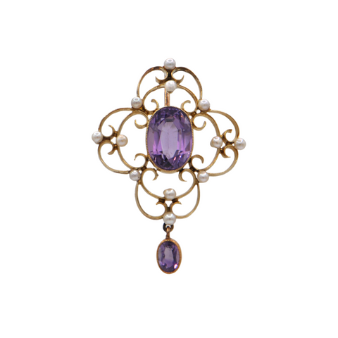 Edwardian English Amethyst and Seed Pearl 15ct Lavallière Pendant + Montreal Estate Jewelers
