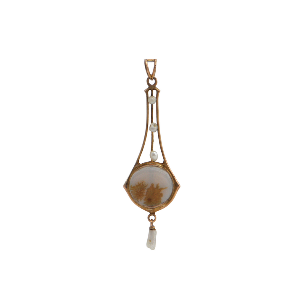 Antique Victorian Agate and Pearl 14k Gold Lavalier Drop Pendant 
