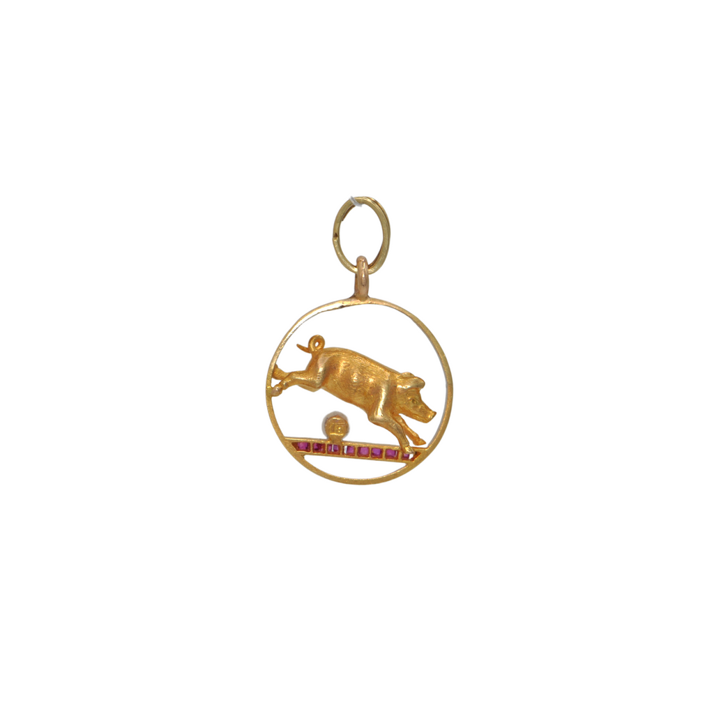 Vintage Jumping Pig Pearl and Synthetic Ruby 18K Gold Charm/Pendant + Montreal Estate Jewelers