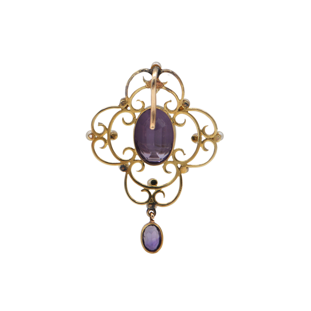 Edwardian English Amethyst and Seed Pearl 15ct Lavallière Pendant + Montreal Estate Jewelers