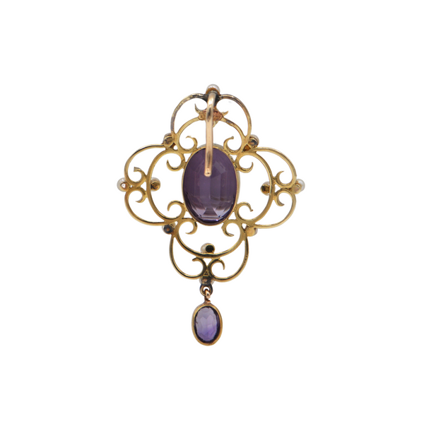 Edwardian English Amethyst and Seed Pearl 15ct Lavallière Pendant + Montreal Estate Jewelers