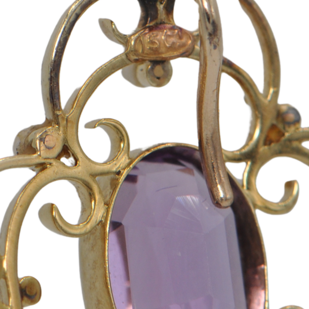 Edwardian English Amethyst and Seed Pearl 15ct Lavallière Pendant + Montreal Estate Jewelers