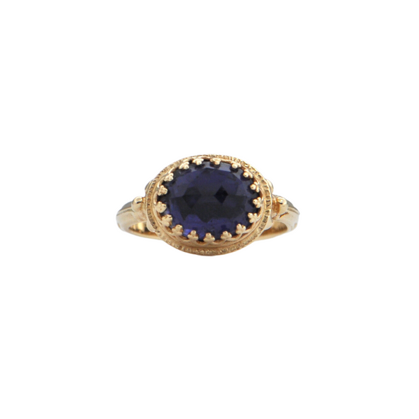 Vintage 'Becky Kelso' Iolite 14K Gold Filigree Engraved Ring + Montreal Estate Jewelers