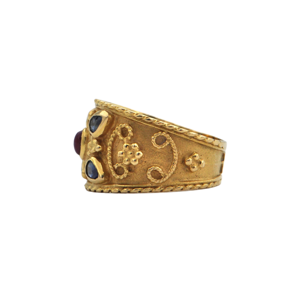 Etruscan Revival Sapphire and Ruby 18k Gold Ring + Montreal Estate Jewelers