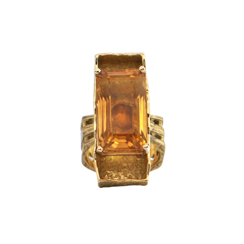 Mid-Century Brutalist 17.0ct Citrine 18K Gold Ring + Montreal Estate Jewelers