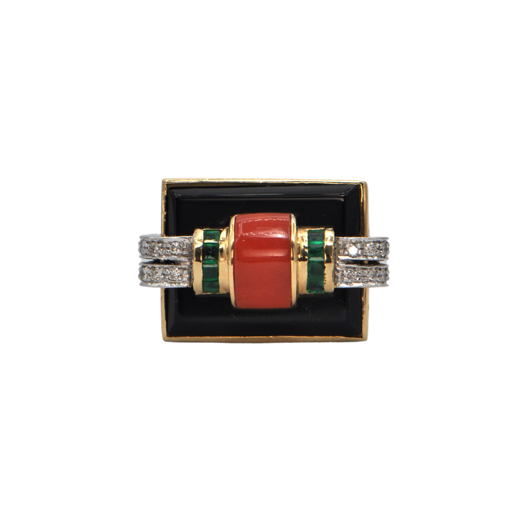 Mid-Century Diamond, Emerald, Coral and Onyx 18K Gold Ring + Montreal Estate Jewelers