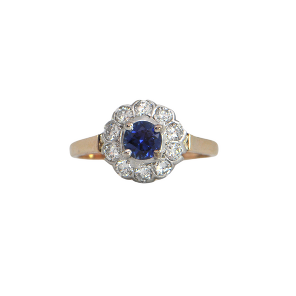 Vintage Birks Sri Lankan Sapphire with Diamond Halo 14k Gold Ring + Montreal Estate Jewelers