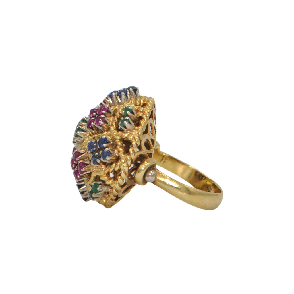 Retro Italian Ruby, Emerald, and Sapphire 18k Gold Cocktail Ring + Montreal Estate Jewelers