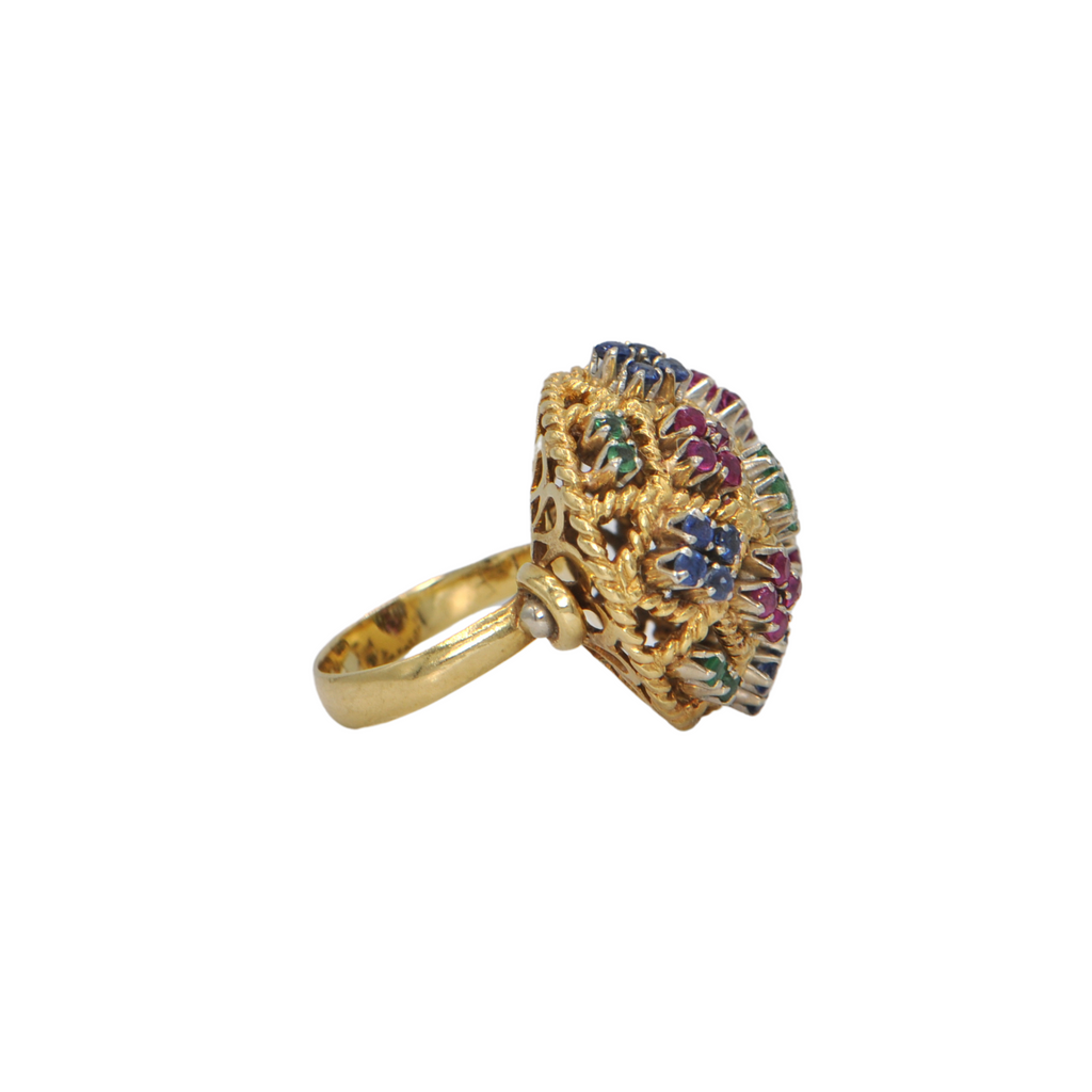 Retro Italian Ruby, Emerald, and Sapphire 18k Gold Cocktail Ring + Montreal Estate Jewelers