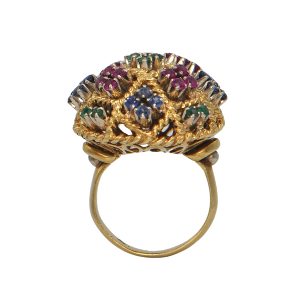 Retro Italian Ruby, Emerald, and Sapphire 18k Gold Cocktail Ring + Montreal Estate Jewelers