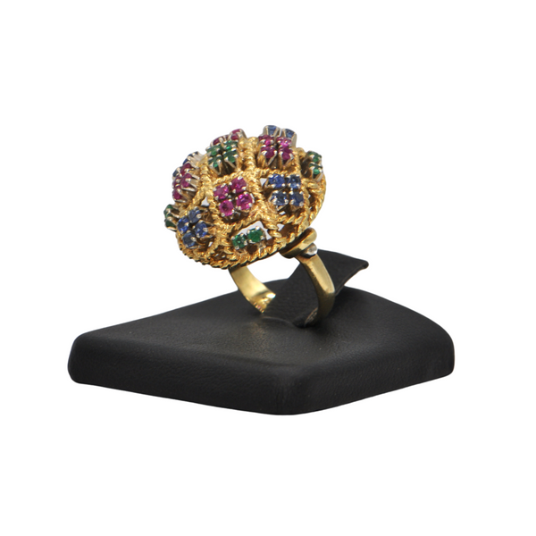 Retro Italian Ruby, Emerald, and Sapphire 18k Gold Cocktail Ring + Montreal Estate Jewelers