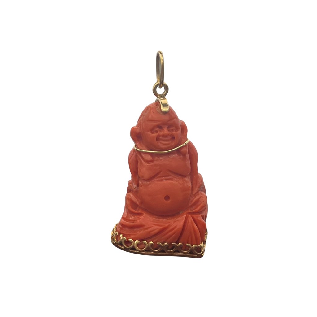 Vintage Hand-Carved Coral Buddha Figural Pendant on 18k Yellow Gold Base - daisy exclusive jewellers