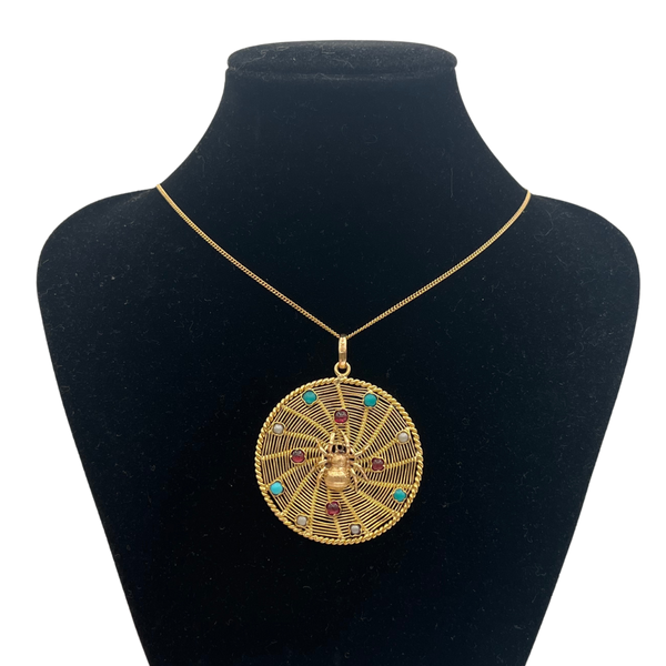 Vintage "Spider on Web" Pendant with Garnet, Turquoise and Pearls in 18k Yellow and Rose Gold - daisy exclusive jewellers
