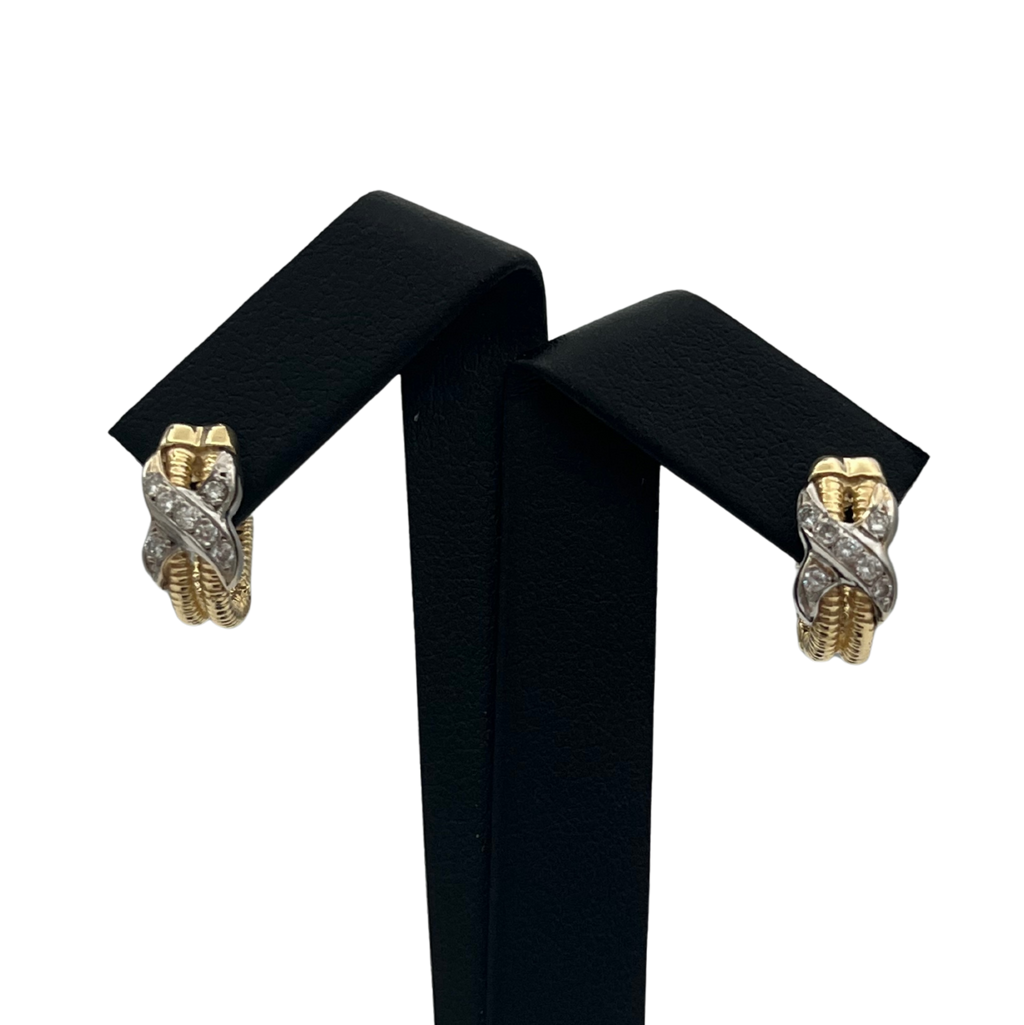 Vintage Two Tone Crossover Diamond Huggies in 14k - daisy exclusive jewellers