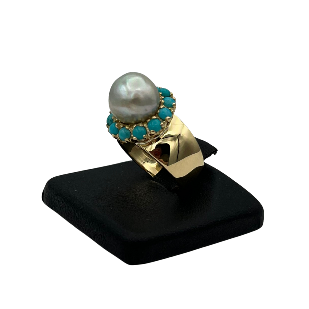 Vintage "Vack" Baroque Pearl and Turquoise Ring in 18k yellow gold - Daisy Exclusive Jewellers