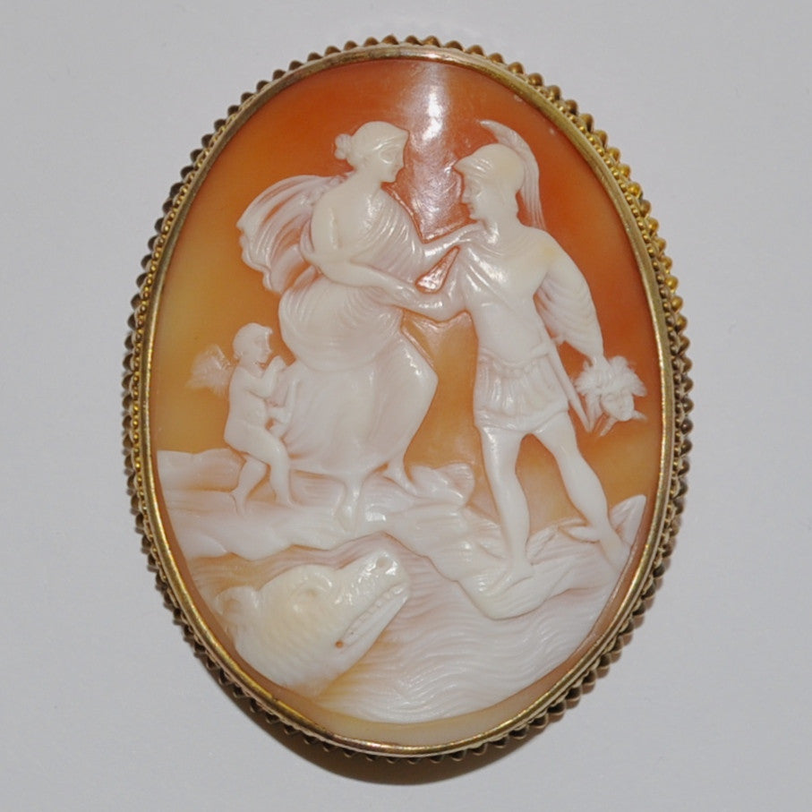 Vintage Shell Cameo Brooch of Knight in Shining Armor + Montreal Estate Jewelers