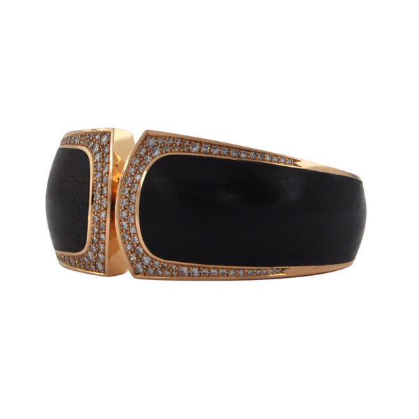 Estate Signed 'Binder' Modernist Diamond & Wood 18K Gold hinged Cuff bracelet (C.1990) + Montreal Estate Jewelers