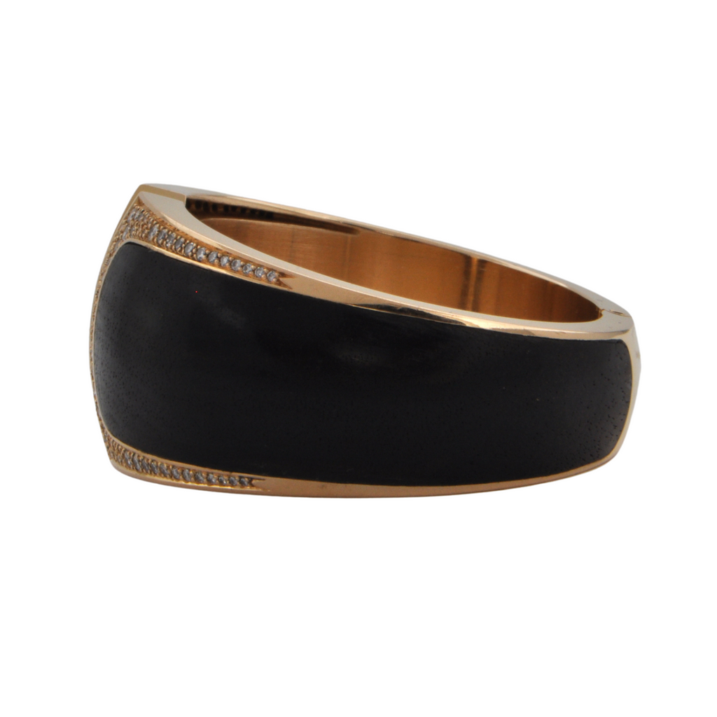 Estate Signed 'Binder' Modernist Diamond & Wood 18K Gold hinged Cuff bracelet (C.1990) + Montreal Estate Jewelers