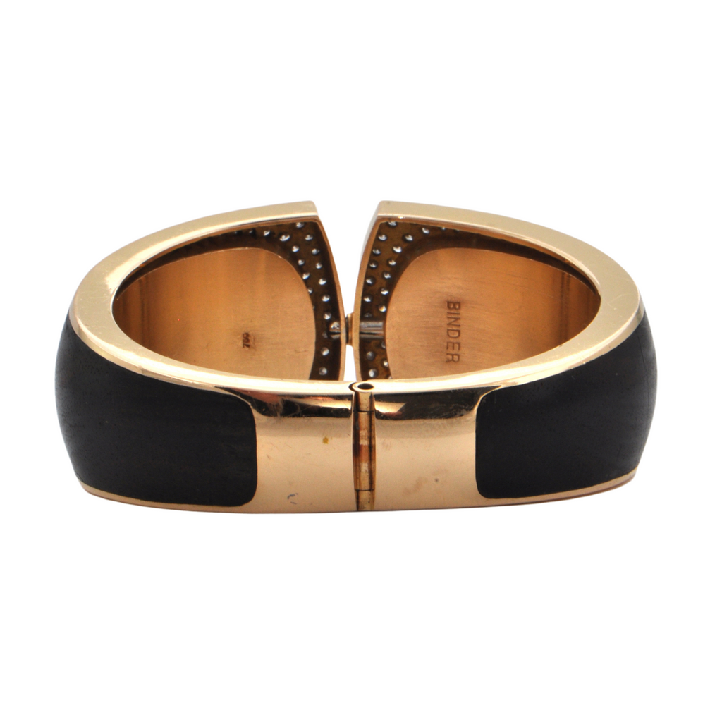 Estate Signed 'Binder' Modernist Diamond & Wood 18K Gold hinged Cuff bracelet (C.1990) + Montreal Estate Jewelers