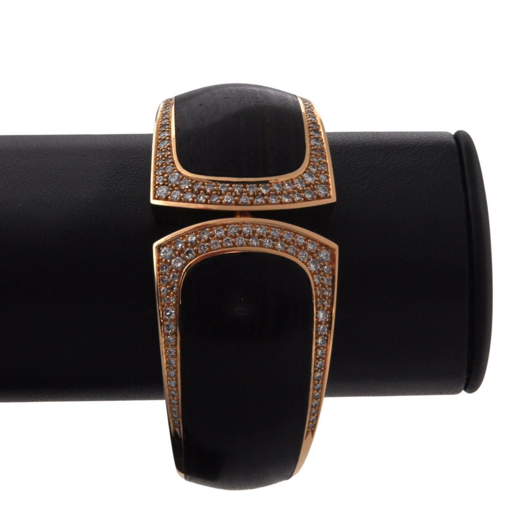 Estate Signed 'Binder' Modernist Diamond & Wood 18K Gold hinged Cuff bracelet (C.1990) + Montreal Estate Jewelers