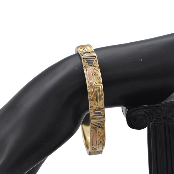 Antique Repoussé, Etruscan Revival, 18k Three-Toned Gold Bangle Bracelet