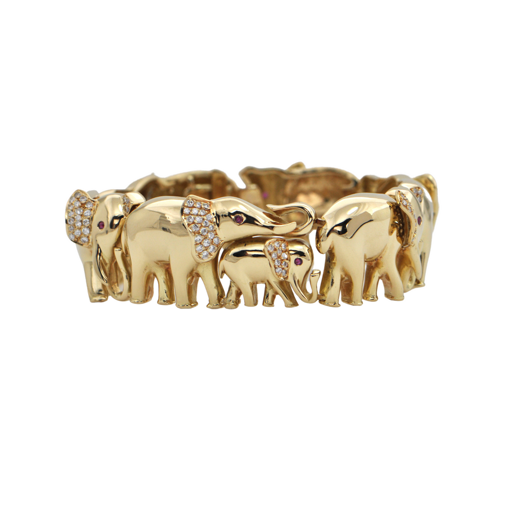 Estate Diamond and Ruby 18K Gold Elephant Link Bracelet + Montreal Estate Jewelers