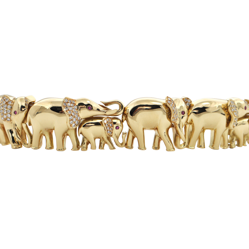 Estate Diamond and Ruby 18K Gold Elephant Link Bracelet + Montreal Estate Jewelers