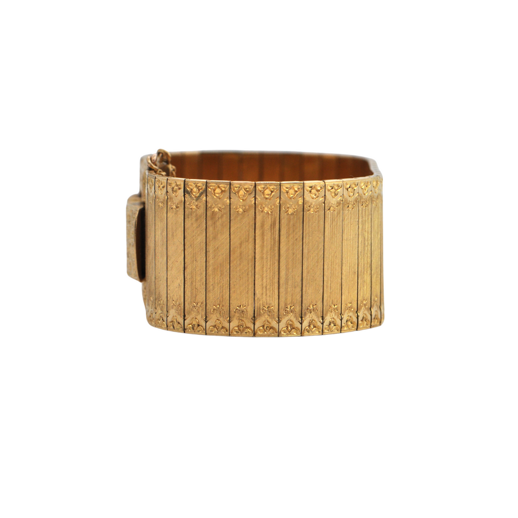 Estate Vintage Italian Wide Cuff Textured and Engraved 18k Gold Buckle Bracelet + Montreal Estate Jewelers