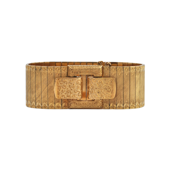 Estate Vintage Italian Wide Cuff Textured and Engraved 18k Gold Buckle Bracelet + Montreal Estate Jewelers