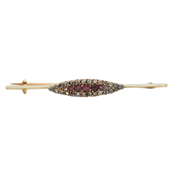 Antique 14K Yellow Gold Diamond and Peach Pink Doublet Bar Pin C. 1800 + Montreal Estate Jewelers