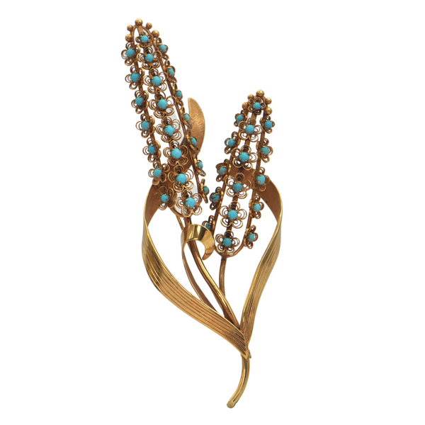 Retro Turquoise Bulrush Brooch in 14k Yellow Gold + Montreal Estate Jewelers