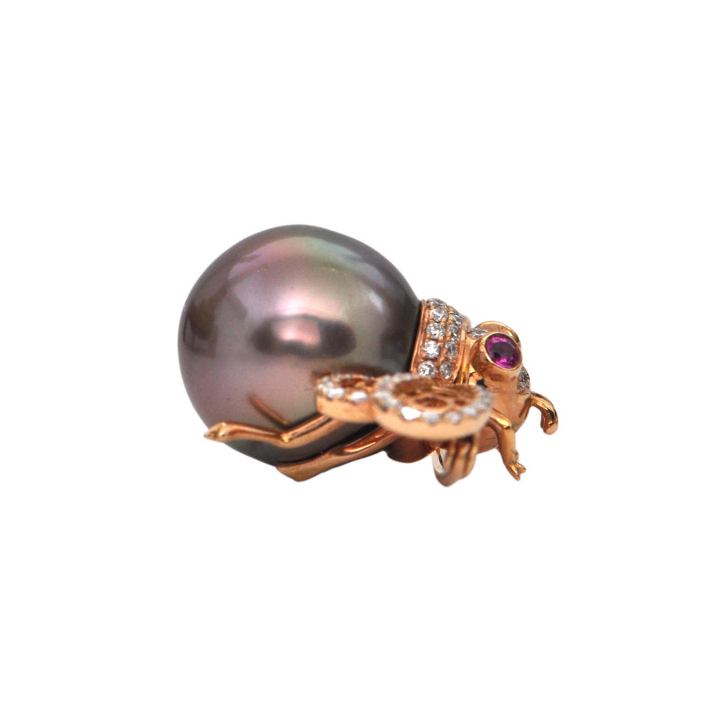 Bronze Tahitian Pearl, Ruby & Diamond Bumble Bee Brooch + Montreal Estate Jewelers